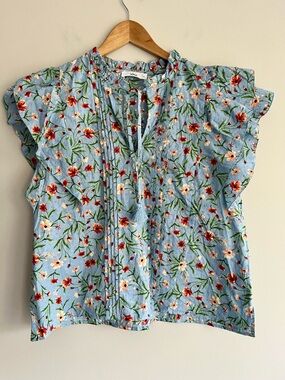 Talulah Sky Blue Floral Pleated Flutter Sleeve Tassel Blouse Large